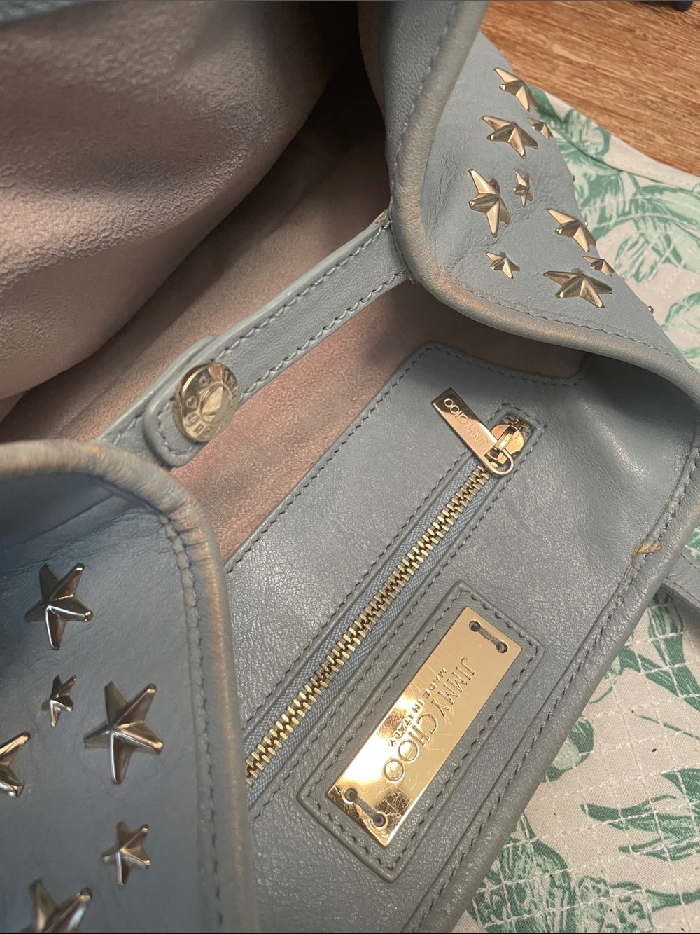 Jimmy Choo Sasha Blue Leather Gold Star Studded Tote - Authentic - Picture 7 of 14